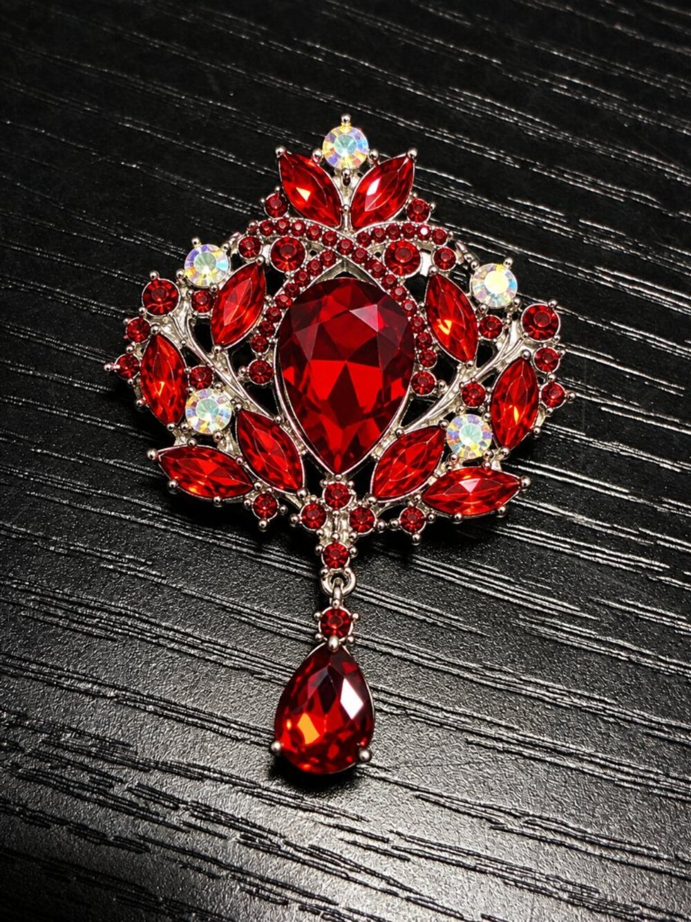 Vintage Style Red Crystal Statement Brooch Large Rhinestone Teardrop Pin 3.54"